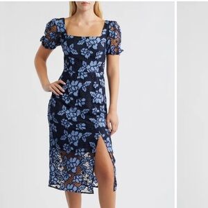 Blue Floral Lace Midi Dress - Women